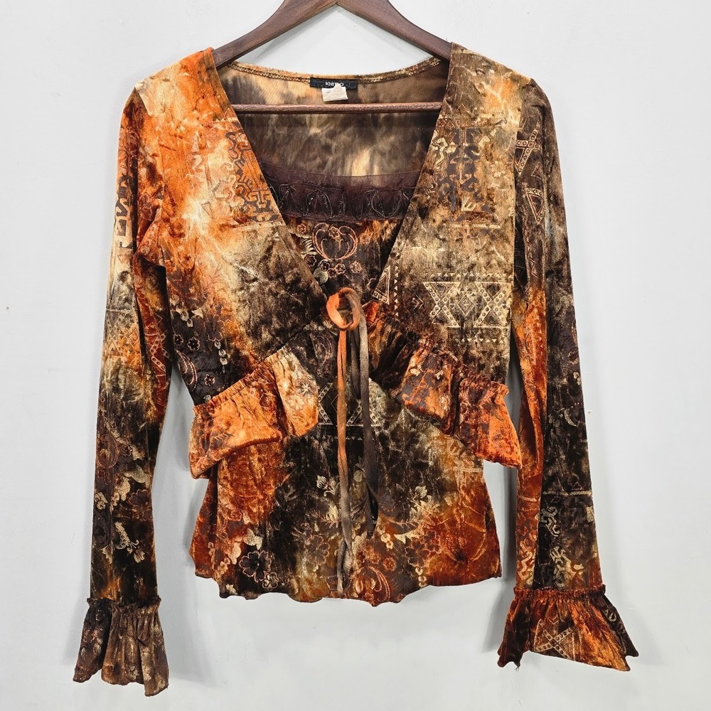 Vintage Y2K Top Cardigan Set M Brown Velvet Flare Ruffle Boho Fairy Festival USA